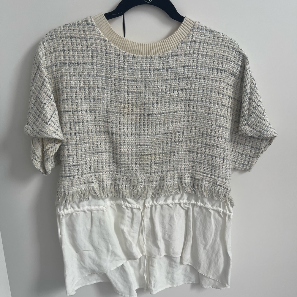 Cream + white tweed Zara blouse with drawstring to tighten bottom half.
